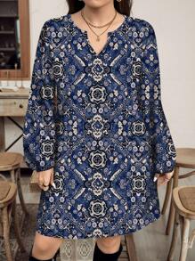 SHEIN LUNE Plus Size Women's Casual Vintage Floral Pattern Long Sleeve Dress, Suitable For Summer,Beach Dress Sundress,Holiday Outfits Boho Fall Clothes Chic Dress - Navy Blue - View 6