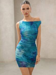 Aveloria Sexy Vacation Tie-Dye Color Asymmetric Neck Ruched Bodycon Mini Knit Mesh Dress Elegant Fashionable Style For Summer - Multicolor - View 5