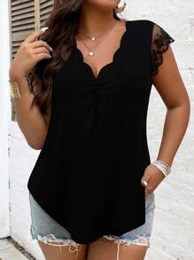 EMERY ROSE 女士加大码花卉蕾丝领拼接短袖上衣，百搭