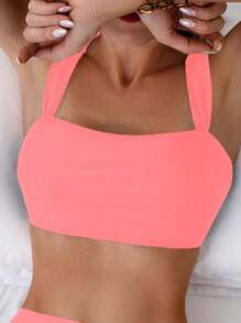 SHEIN Swim 女士夏季海滩纯色休闲比基尼上衣 - 珊瑚粉 - 查看 4