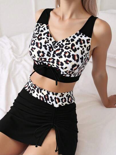 SHEIN 3pcs Beach Summer Outfits For Women: V-Neck Sleeveless Drawstring Bikini Top, Drawstring Leopard Print Skirt, Elegant Tie Dye Print Bikini Set