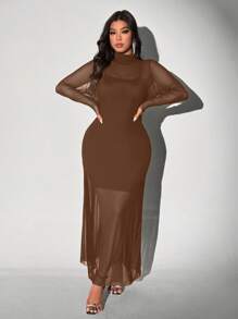 Viva Relle Plus Size Knit Mesh Sexy Spaghetti Strap High Collar See-Through 2 Pieces Set - Coffee Brown - View 4