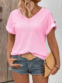 SHEIN LUNE Tricou de damă, primăvară/vară, ocazional, cu decolteu în V, cu mânecă scurtă, cu mâneci rotative, cu mâneci cu butoane, cu accent în contrast, cu mărime mare