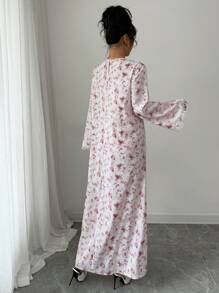 Al Najma 女式梭织印花花朵领口和袖口边缘拼接宽松长袖阿拉伯长裙，端庄 - 粉色 - 查看 2