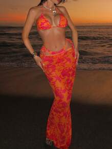 Swim SXY Women's 3pcs/Set Beach Summer Outfit, Includes Printed Spaghetti Strap Crop Top, Tie Side Swimwear Bottom, And Long Dress Bikini Set - Multicolor - View 3