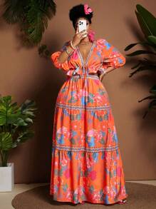 Maweii Plus Size Women Holiday Floral Print Lantern Sleeve Knot Front Blouse And Ruffled Hem Midi Skirt 2 Pieces Set