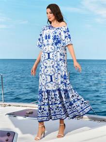 Al Najma Damen Lässig Urlaubs Kleid mit blau-weißem Muster und asymmetrischem Kragen - Blau-Weiß - Übersicht 5