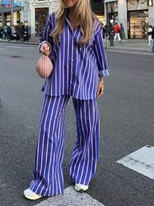 INAWLY Bộ áo sơ mi kẻ sọc rộng rãi thoải mái cho nữ và quần ống rộng, mùa thu - Màu xanh lam - Xem 4