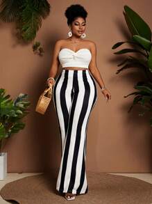 Maweii Plus Size Vertical Striped Flare Pants, Fashionable And Suitable For Summer Fall Cloth For Women - Black and White - View 6