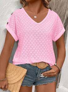 SHEIN LUNE Tricou de damă, primăvară/vară, ocazional, cu decolteu în V, cu mânecă scurtă, cu mâneci rotative, cu mâneci cu butoane, cu accent în contrast, cu mărime mare