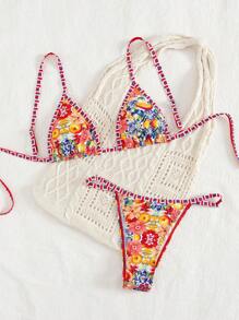 Swim Mod Floral Print Triangle Cup Sexy Bikini Set, Summer Vacation Style - Multicolor - View 5