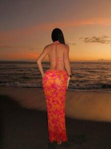 Swim SXY Women's 3pcs/Set Beach Summer Outfit, Includes Printed Spaghetti Strap Crop Top, Tie Side Swimwear Bottom, And Long Dress Bikini Set - Multicolor - View 2