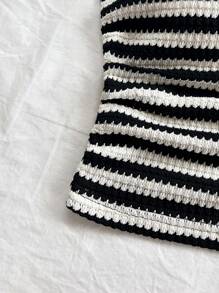 Soleia Women 2pcs/Set Holiday Striped Ruched Tube Top & Low Waist Shorts, Summer Clothes, Beach Outfit,Summer Sets - Black and White - View 5