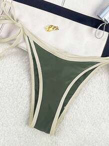 Conjunto de 2 piezas de bikini de tirantes finos: parte superior tipo halter con color contrastante y shorts de natación de amarrar a los lados, traje de baño de mujer de talla regular