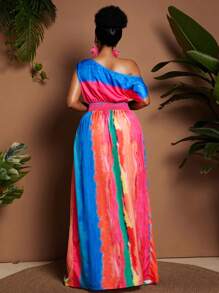 Maweii Plus Size Satin Twist Knot Slit All-Over Print Open Shoulder Bodycon Dress