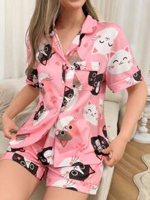 Dream Adore Conjunto de pijama de mujer con estampado de animales en todo el diseño y cuello con solapa