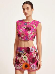 GENKIRA 2 件套：刺绣花卉贴花细节短袖上衣吊带背心和修身迷你裙波西米亚风度假时尚风格全身印花 - 粉色 - 查看 5