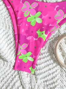 Women's Floral Print Sexy Bikini Set For Summer - Hot Pink - View 3