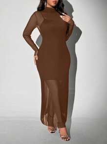 Viva Relle Plus Size Knit Mesh Sexy Spaghetti Strap High Collar See-Through 2 Pieces Set - Coffee Brown - View 7