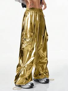 Coolane 时尚抽绳高腰阔腿工装裤，具有全息效果 - 金色 - 查看 6