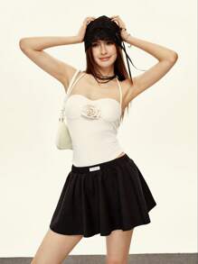 INAWLY Women's Solid Color 3D Floral Decor Halter Fashion Tank Top - Apricot - View 2