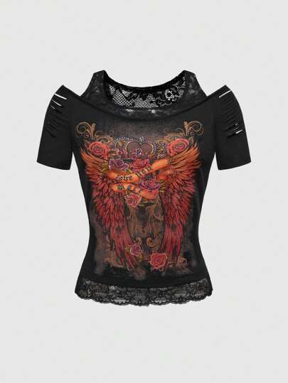 Hippie T-shirt 2 en 1 vintage Y2K avec imprimé de fleurs de rose et ailes, contrasté avec de la dentelle, top de concert