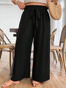 Linhara Plus Size Women's Solid Color Belted Casual Pants, Suitable For Outings, Vacation And Daily Wear, Spring/Summer