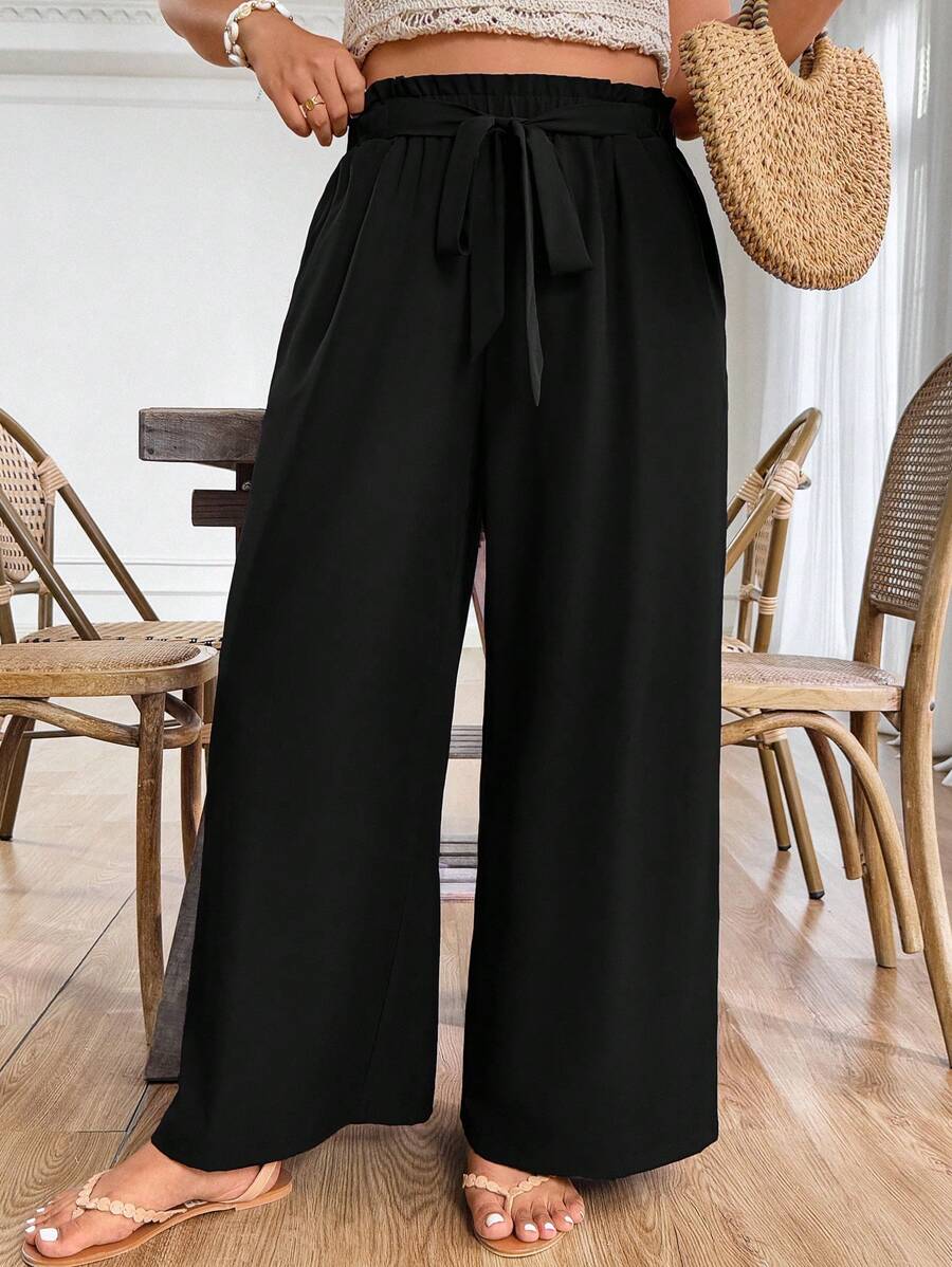 Linhara Plus Size Women's Solid Color Belted Casual Pants, Suitable For Outings, Vacation And Daily Wear, Spring/Summer