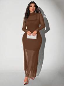 Viva Relle Plus Size Knit Mesh Sexy Spaghetti Strap High Collar See-Through 2 Pieces Set - Coffee Brown - View 5