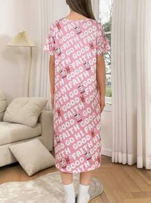 Camisón largo con estampado de gato y bloques de color, estilo dulce y acogedor para mujer en temporada de vacaciones, Moo Moo