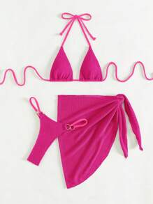 SHEIN Swim 女士夏季海滩纯色吊带性感比基尼泳装套装，带罩衫和裙子，3 件套，特殊面料 - 玫紅色 - 查看 3