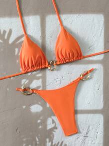 Swim Vcay Women's New Fashionable Solid Color Halter Backless Metal Decor Sexy Triangle Bikini Swimwear Set, Summer Beach - Orange - View 6