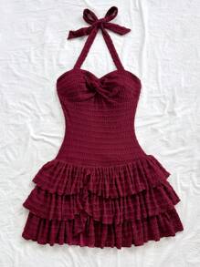 Soleia Urlaubs Damen Weinrot elastisches Fairy Plissee Büstenhalter, Neckholder mit Bindebändern und Schleife, mehrstufiges Kuchen-Saum Mini-Kleid, kann innen oder außen getragen werden