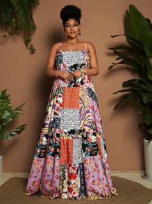 Maweii Plus Size Women Vacation Zebra Print Ruffle Hem Spaghetti Strap Dress - Multicolor - View 1