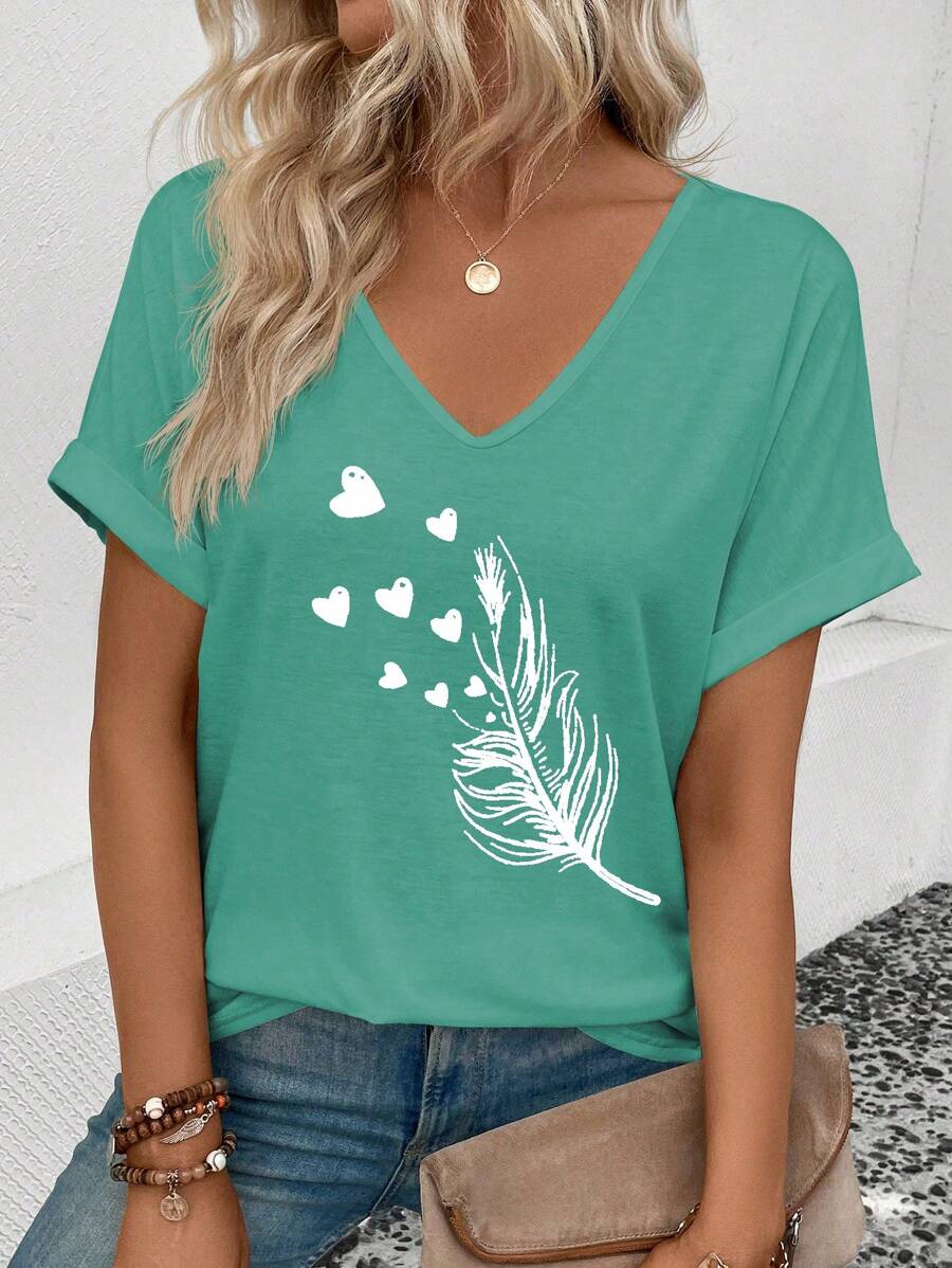 INAWLY Women's Casual V-Neck Short Sleeve Turnover Cuff Feather Print Pattern T-Shirt, Versatile For Spring And Summer - Mint Green - View 1