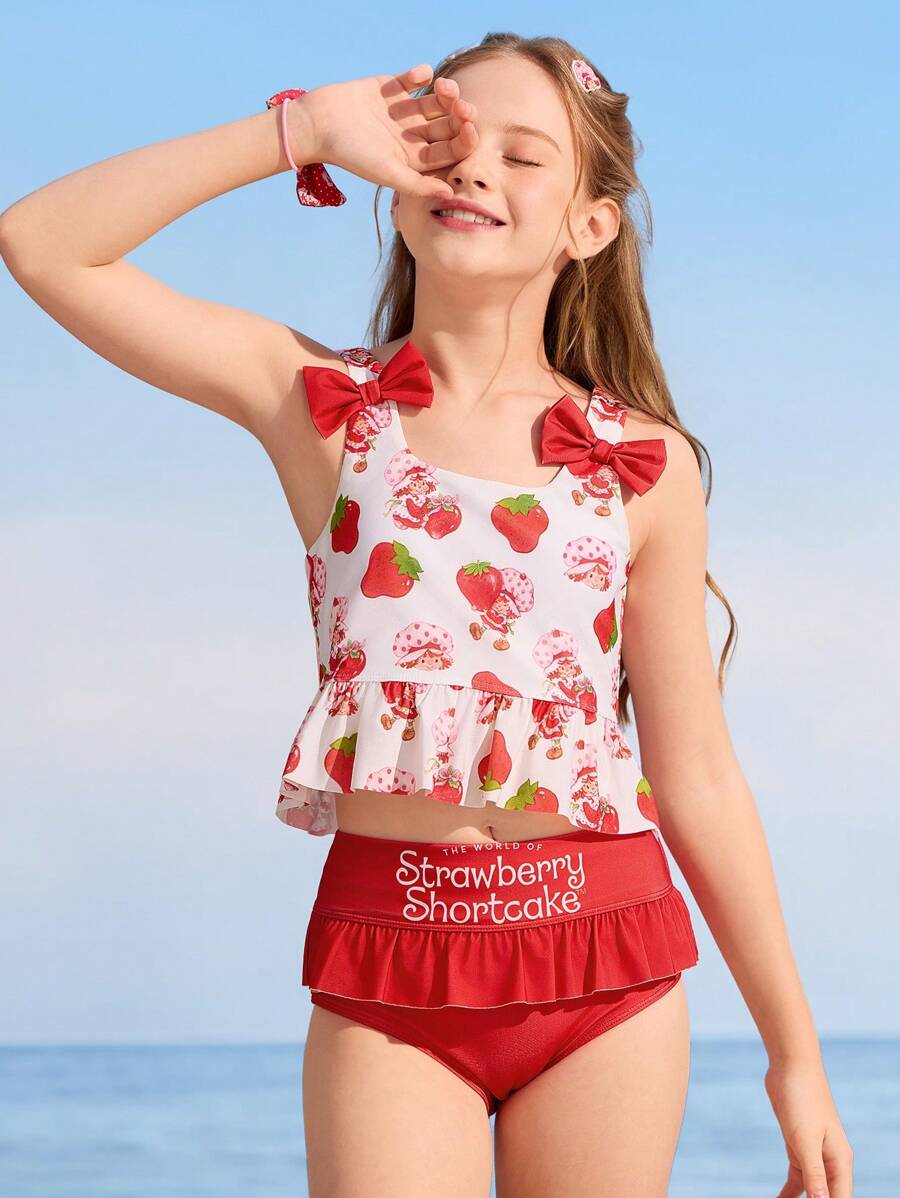 Strawberry Shortcake X SHEIN Tween Girl 彩色甜美水果全身印花荷叶边蝴蝶结比基尼套装，适合夏季海滩