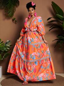 Maweii Plus Size Women Holiday Floral Print Lantern Sleeve Knot Front Blouse And Ruffled Hem Midi Skirt 2 Pieces Set