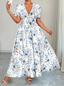 Flirla Robe imprimée floral sur tout avec manches bouffantes, style décontracté pour grandes tailles - Blanc - Voir 2