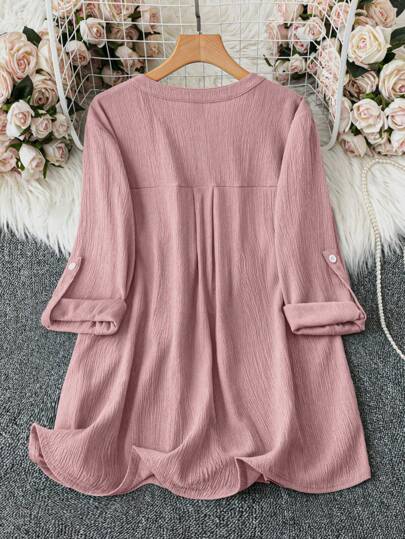 SHEIN Clasi Plus Size Solid Color V-Neck With Pocket Casual Roll-Up Sleeve Shirt Fall Cloth For Women