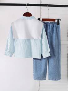 SHEIN Genkimix Kids 年轻女孩休闲韩版时尚翻领插肩袖宽松条纹上衣配披肩和松紧腰直筒纯色牛仔裤套装 - 藍色 - 查看 2