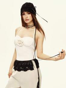 INAWLY Women's Solid Color 3D Floral Decor Halter Fashion Tank Top - Apricot - View 6