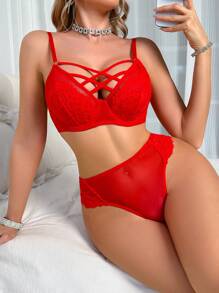 2pcs Bra & Panty Set, 3/4 Cup Wired Romantic French Lace Patchwork Cross-Back Decoration Lingerie Set - Red - View 1