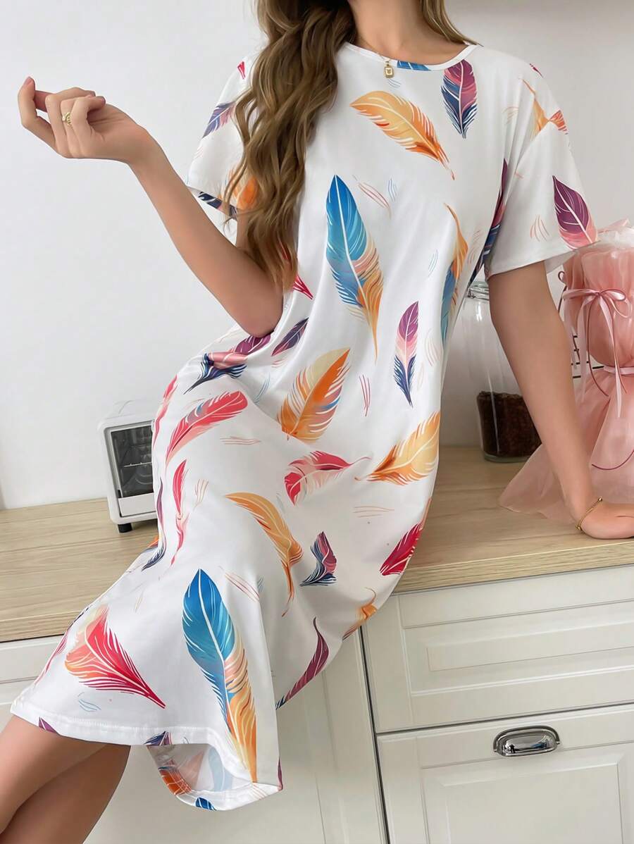 SHEIN Camisón maxi elegante con decoración de plumas para mujeres, Moo Moo - Multicolor - Ver 1
