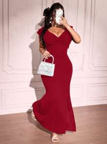 Viva Relle Plus Size Elegante Effen Kleur Ruffle Twist Slit Fishtail Jurk