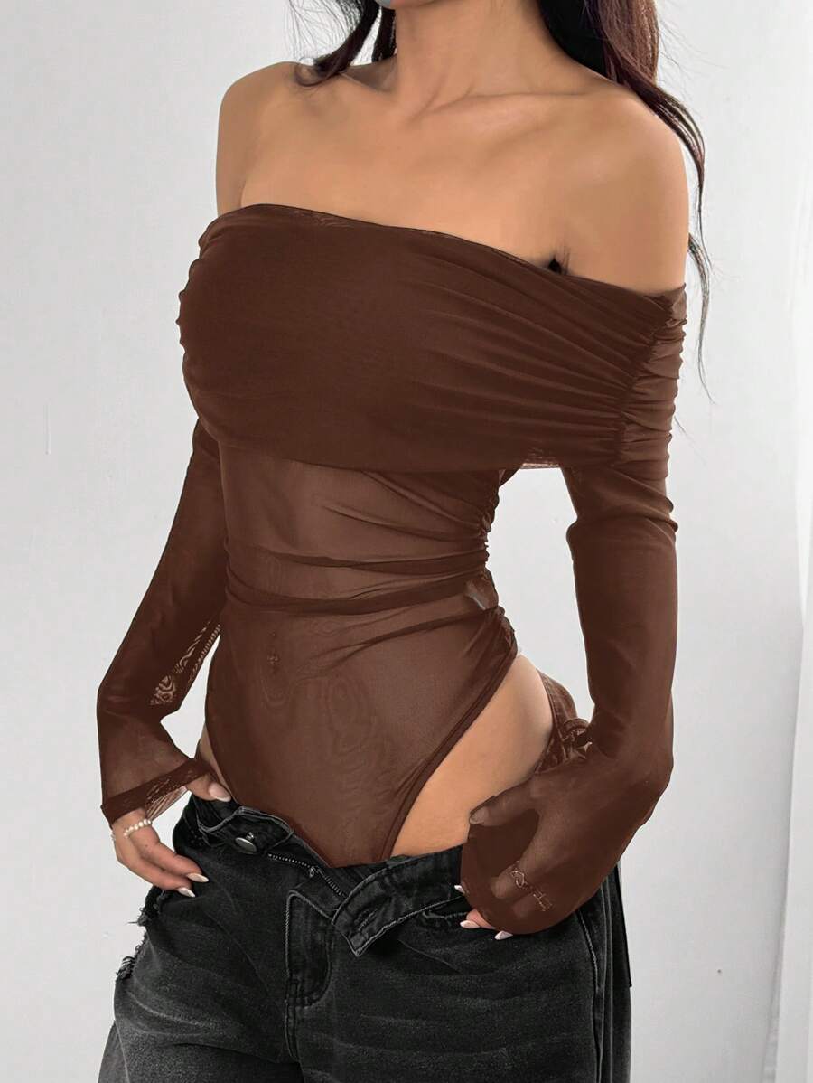 SHEIN EZwear Body de mujer con hombros descubiertos de malla transparente - Marrón - Ver 1