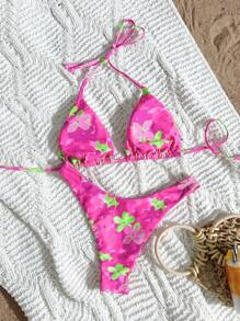 Women's Floral Print Sexy Bikini Set For Summer - Hot Pink - View 2