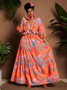 Maweii Plus Size Women Holiday Floral Print Lantern Sleeve Knot Front Blouse And Ruffled Hem Midi Skirt 2 Pieces Set