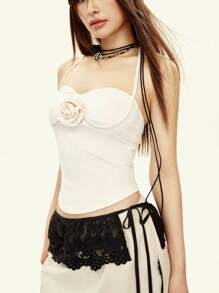 INAWLY Women's Solid Color 3D Floral Decor Halter Fashion Tank Top - Apricot - View 4