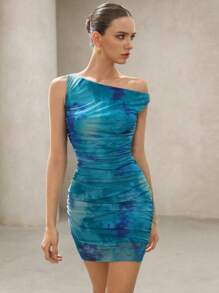 Aveloria Sexy Vacation Tie-Dye Color Asymmetric Neck Ruched Bodycon Mini Knit Mesh Dress Elegant Fashionable Style For Summer - Multicolor - View 6