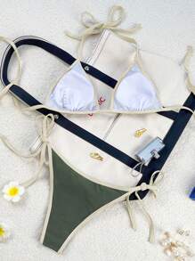 Conjunto de 2 piezas de bikini de tirantes finos: parte superior tipo halter con color contrastante y shorts de natación de amarrar a los lados, traje de baño de mujer de talla regular